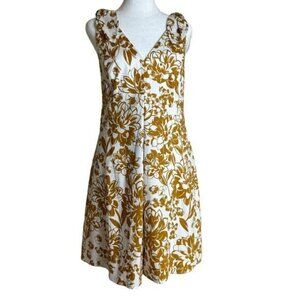 ELIZA J Mustard Yellow Floral Print Fit &amp; Flare Dress Sleeveless Bow NWT Siz